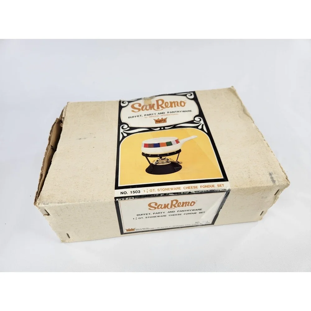 MCM Vintage Imperial San Remo Rainbow Enamel Party Cheese‎ Fondue 1.5 Qt Set Box